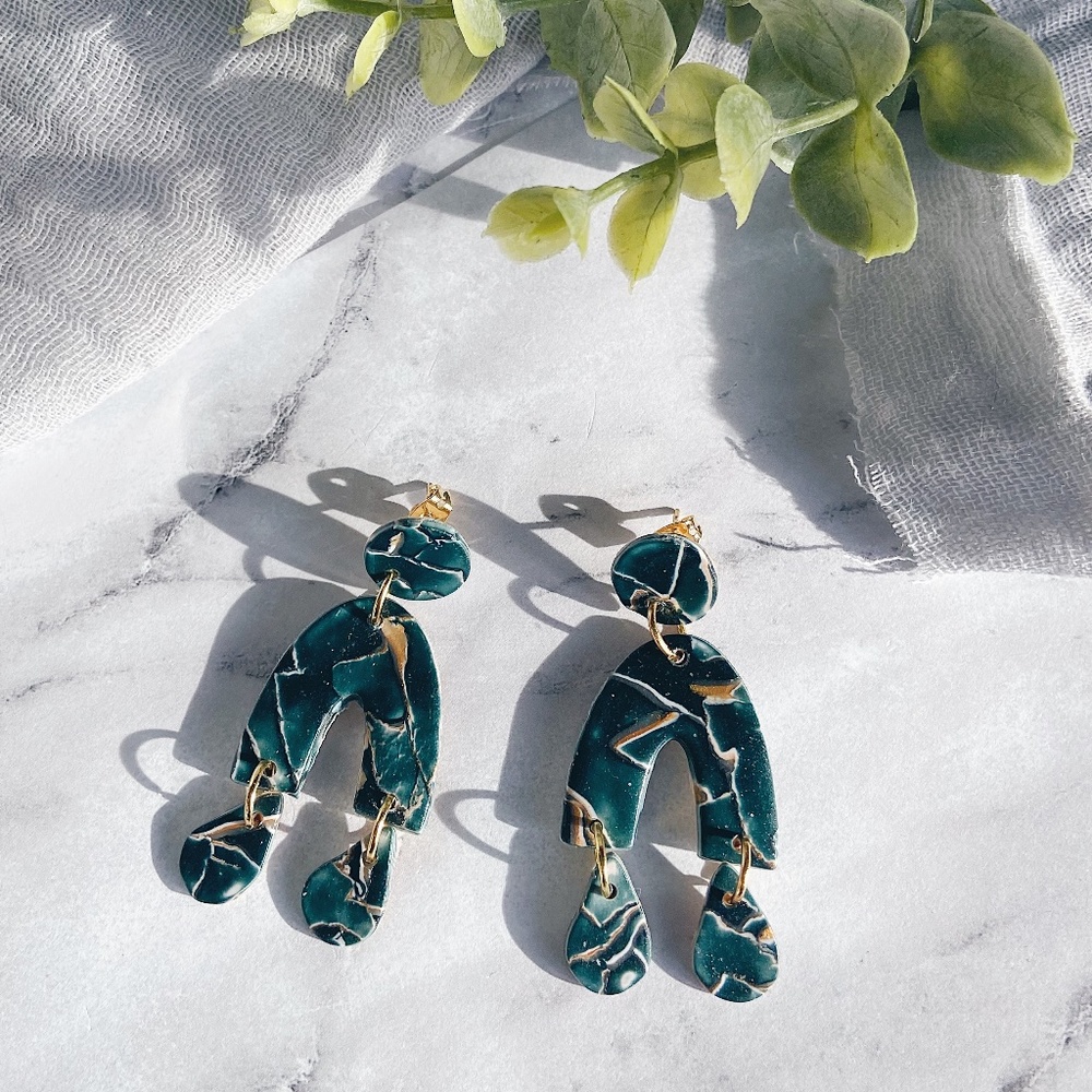 Teal, White, and Gold Mosaic Polymer Clay Earrings